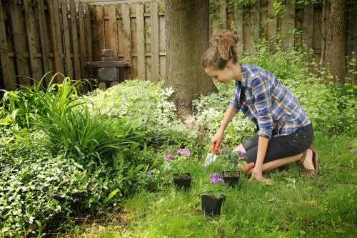 Robotic lawn mower navigating a garden
